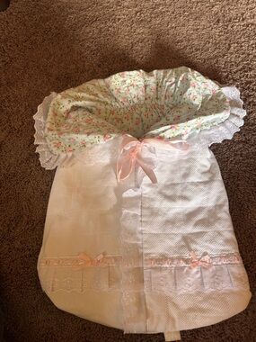 Delicate Pink & White Floral Baby Sleeping Sack with Lace Trim